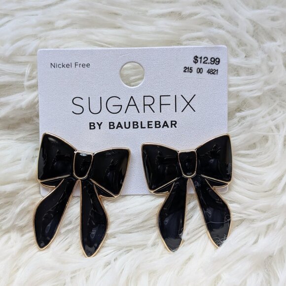 SugarFix by BaubleBar Large Black Enamel Bow Earrings, NEW - Picture 1 of 3